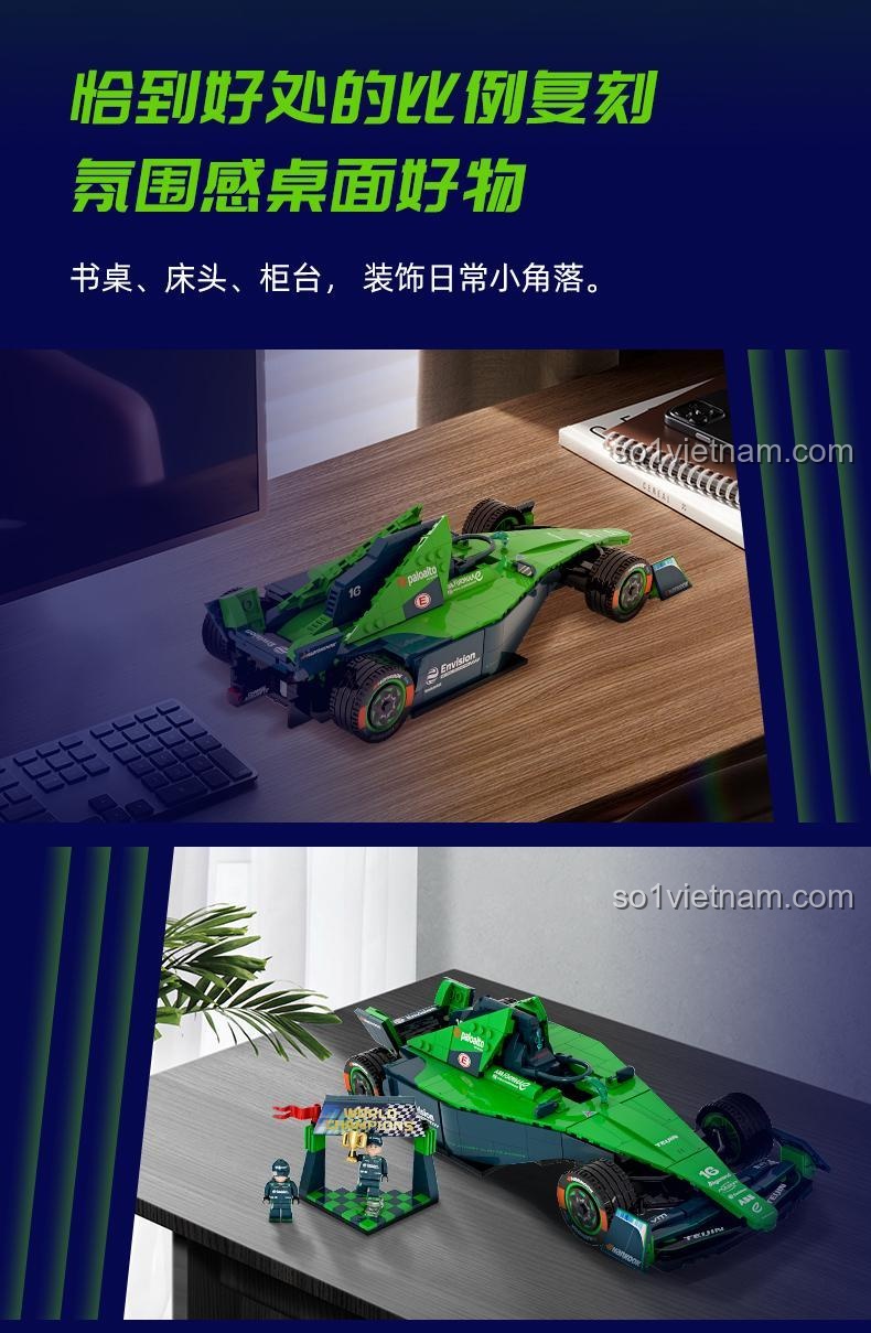 Mô hình Xe Đua Envision Formula E Pantasy trưng bày trên bàn làm việc, món đồ trang trí độc đáo và ý nghĩa.
