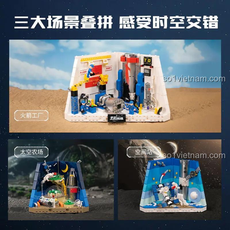 Mô hình Thang Máy Vũ Trụ Pantasy 11034 với 3 cảnh: Nhà máy tên lửa, Trạm không gian, Nông trại vũ trụ