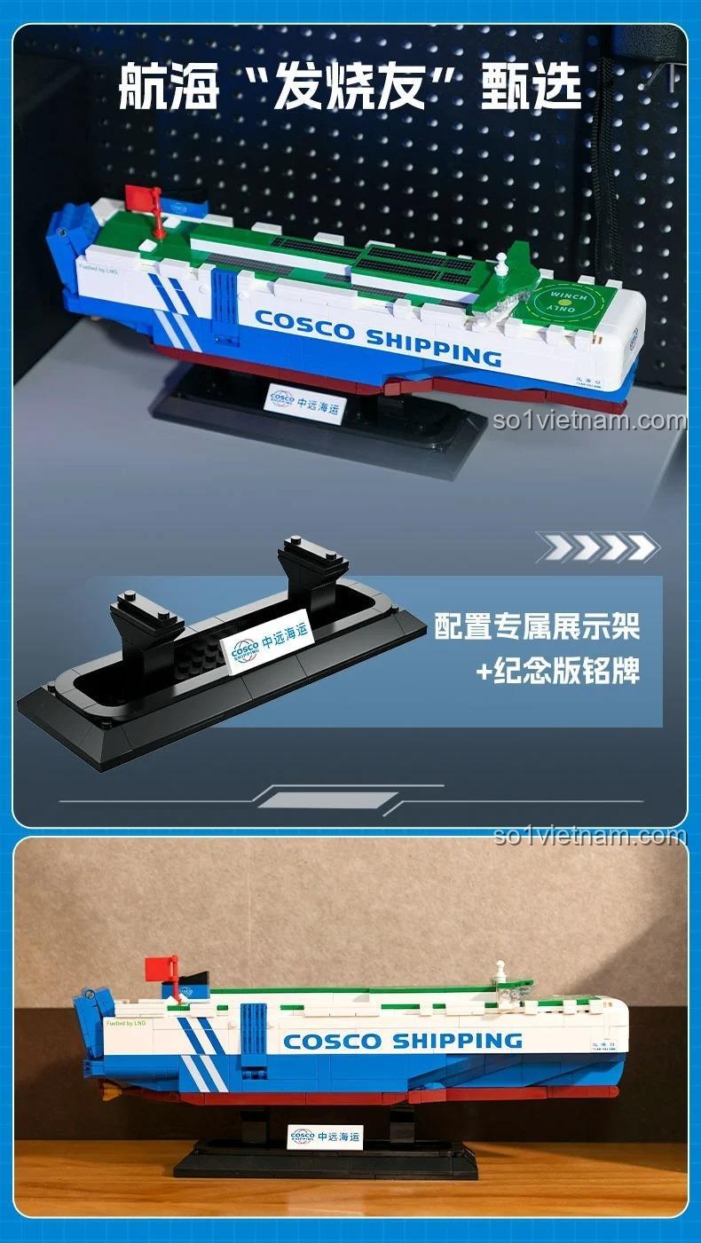 Mô hình tàu vận tải ô tô Pantasy kèm đế trưng bày và bảng tên kỷ niệm, là bộ lắp ghép tàu nhiên liệu kép 11038 đáng sưu tầm.