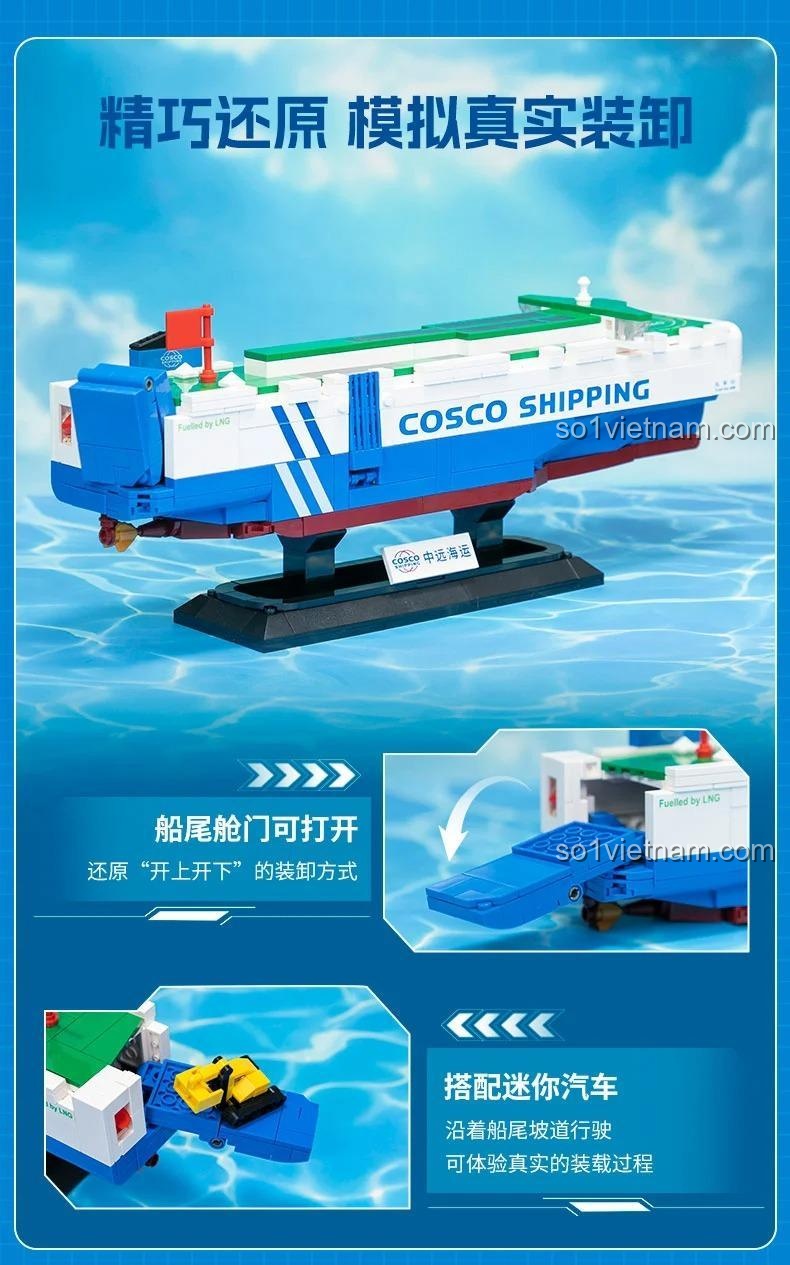 Tính năng cửa khoang mở và kèm xe mini của tàu chở ô tô LNG Pantasy 11038, mang lại trải nghiệm lắp ráp thú vị.