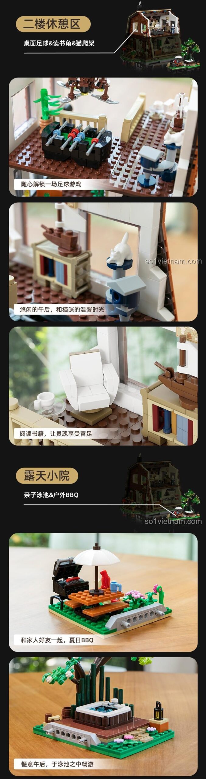 Khu vực nghỉ ngơi tầng hai và sân nhỏ ngoài trời của mô hình nhà gỗ Pantasy 85003, thiết kế modular