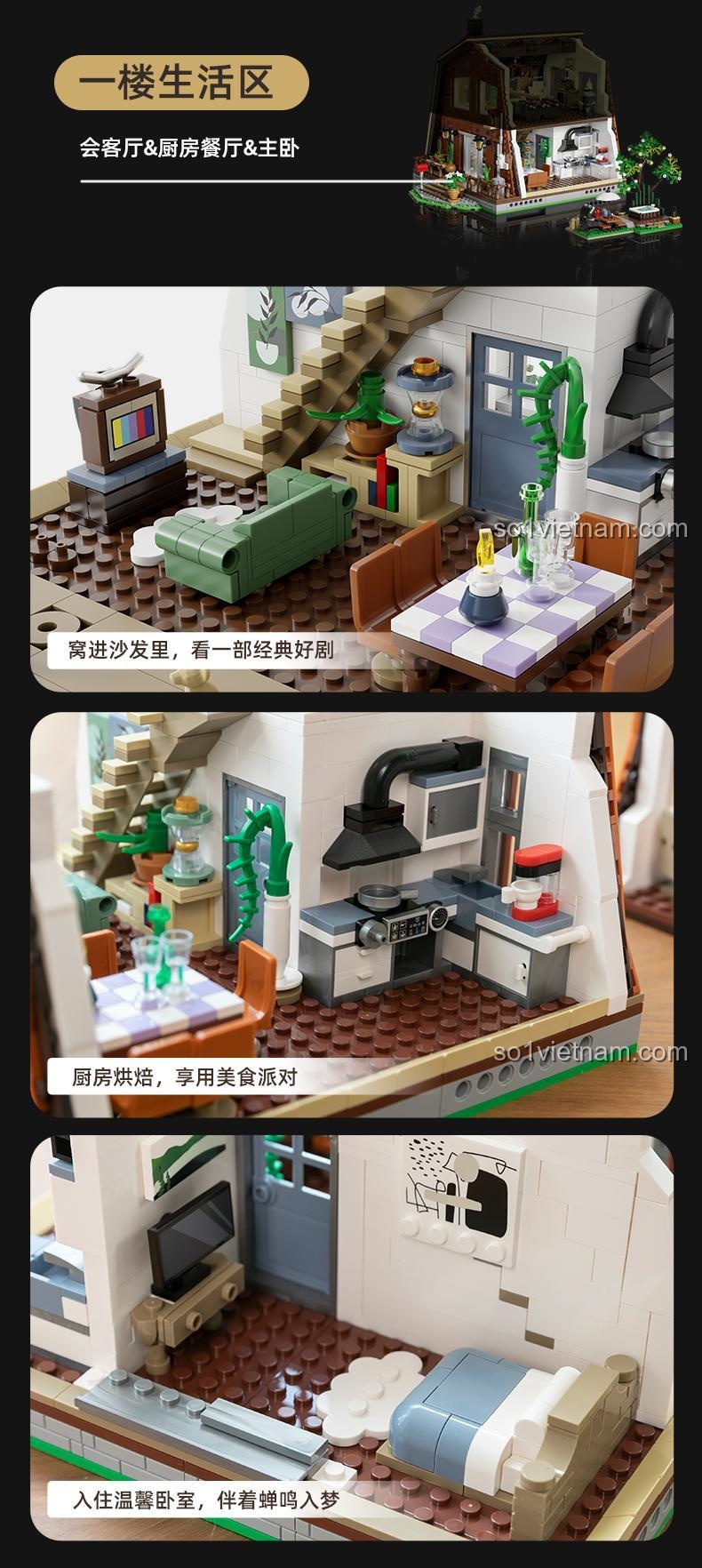 Khu vực sinh hoạt tầng một của bộ lắp ghép Pantasy 85003 Ngôi nhà gỗ trong rừng, nội thất chi tiết