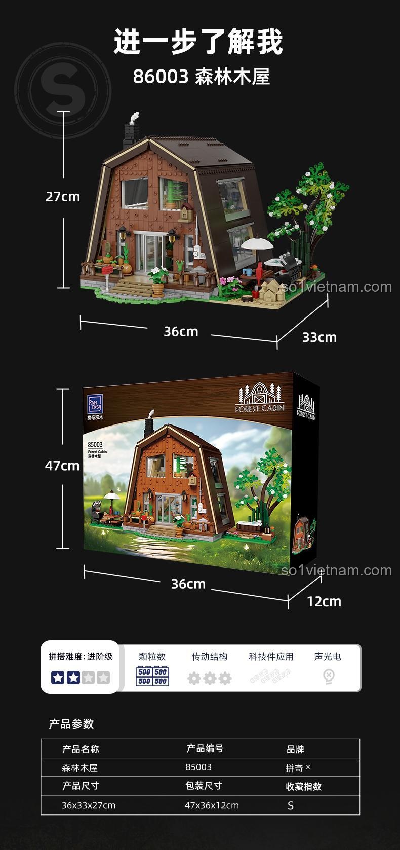 Kích thước chi tiết của bộ đồ chơi Ngôi nhà gỗ trong rừng Pantasy 85003, 2000 chi tiết, phù hợp thanh niên 14 tuổi