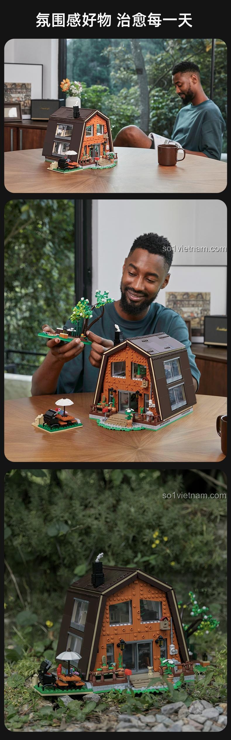 Người đàn ông vui vẻ lắp ráp bộ lắp ghép Pantasy 85003 Ngôi nhà gỗ trong rừng, đồ chơi xây dựng cho thanh niên 14 tuổi