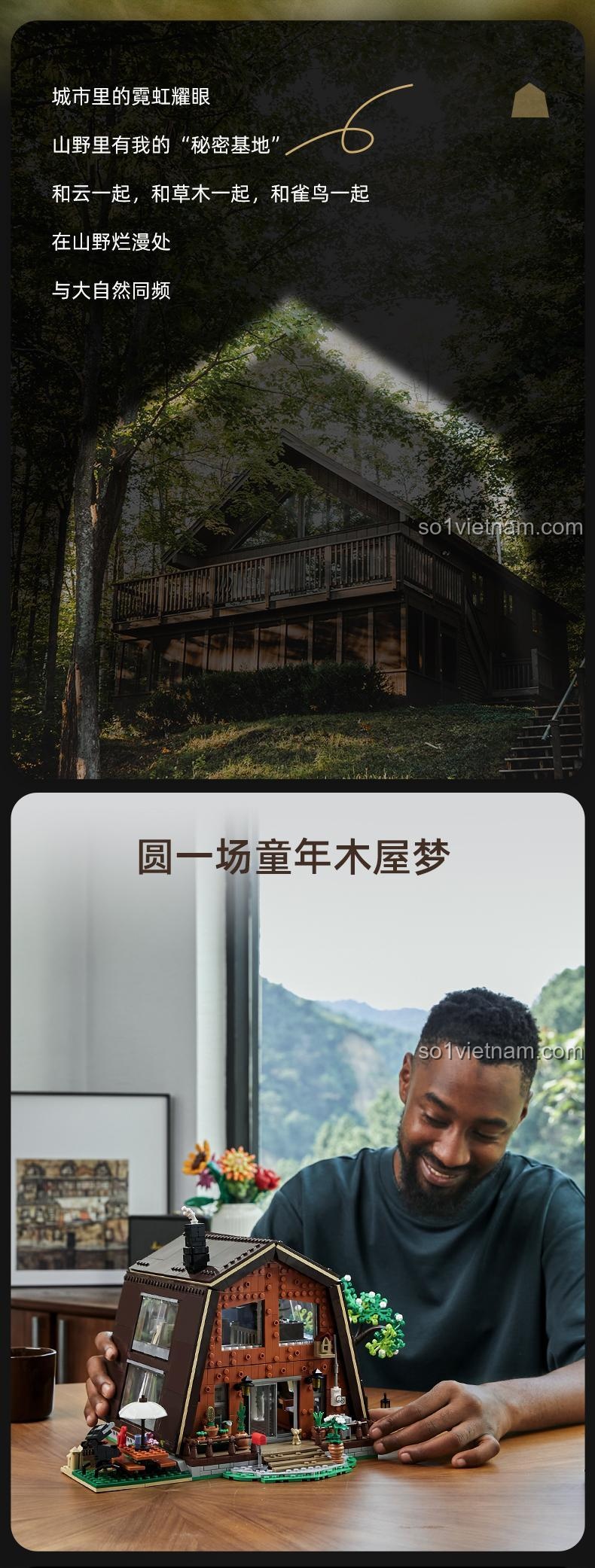 Người đàn ông hạnh phúc với mô hình nhà gỗ Pantasy 85003, thực hiện giấc mơ nhà gỗ tuổi thơ, đồ chơi mô hình 85003