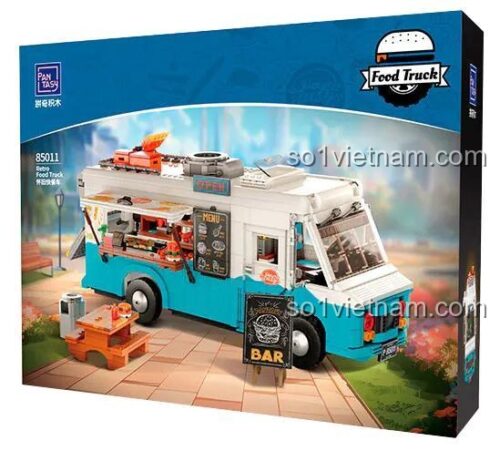 Hộp sản phẩm của đồ chơi mô hình Pantasy 85011, thể hiện hình ảnh Xe bán đồ ăn nhanh Pantasy màu xanh lơ và trắng, giá tốt.