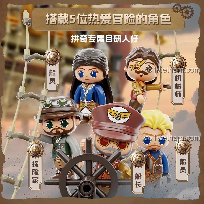 5 minifigures độc quyền của bộ lắp ghép Tàu bay hơi nước Pantasy 85021: thuyền trưởng, thợ máy, nhà thám hiểm và thủy thủ.