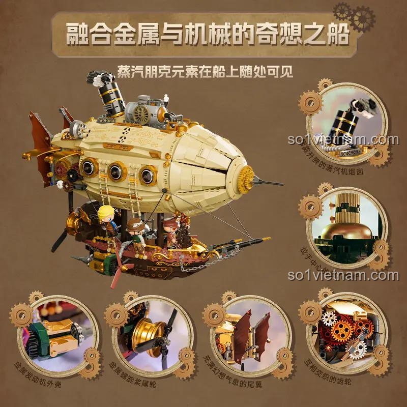 Chi tiết các bộ phận cơ khí của bộ xếp hình 85021 Khí cầu Steampunk, bao gồm ống khói, nồi hơi, động cơ.