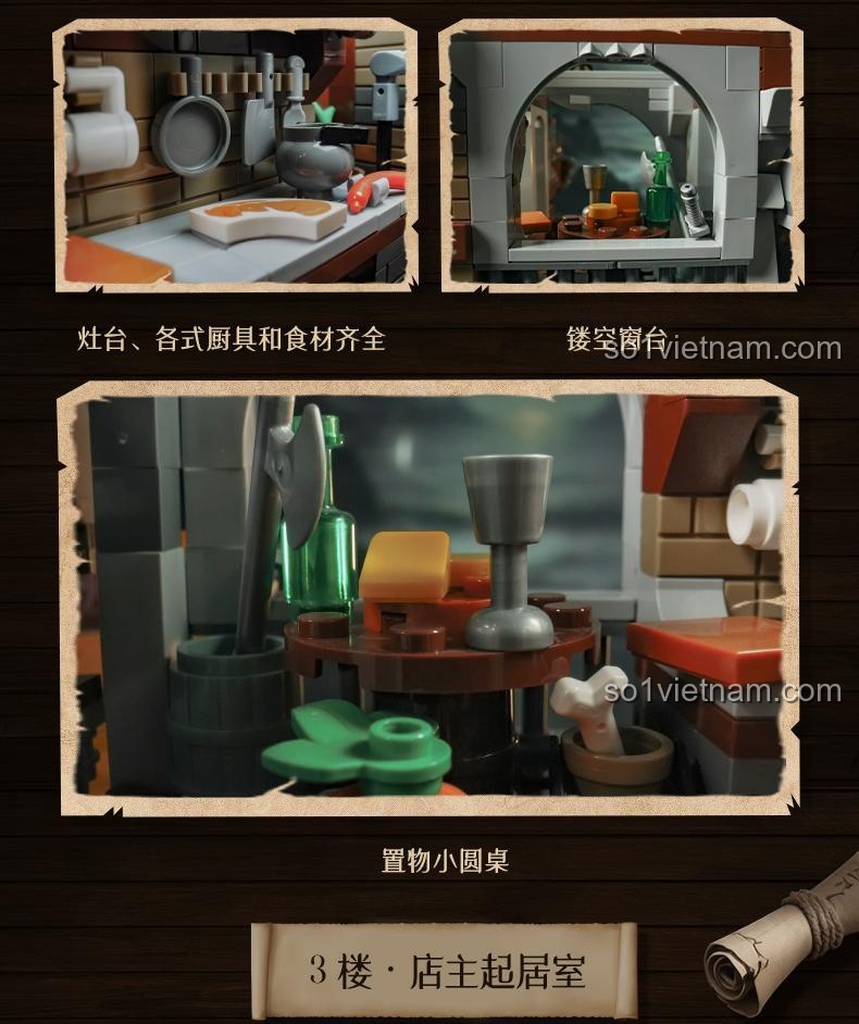 Phòng ngủ chủ quán tầng 3 của Quán Rượu Hải Tặc Pantasy 85022, đồ chơi mô hình Quán Bar Cướp Biển với giường cổ điển và rương kho báu