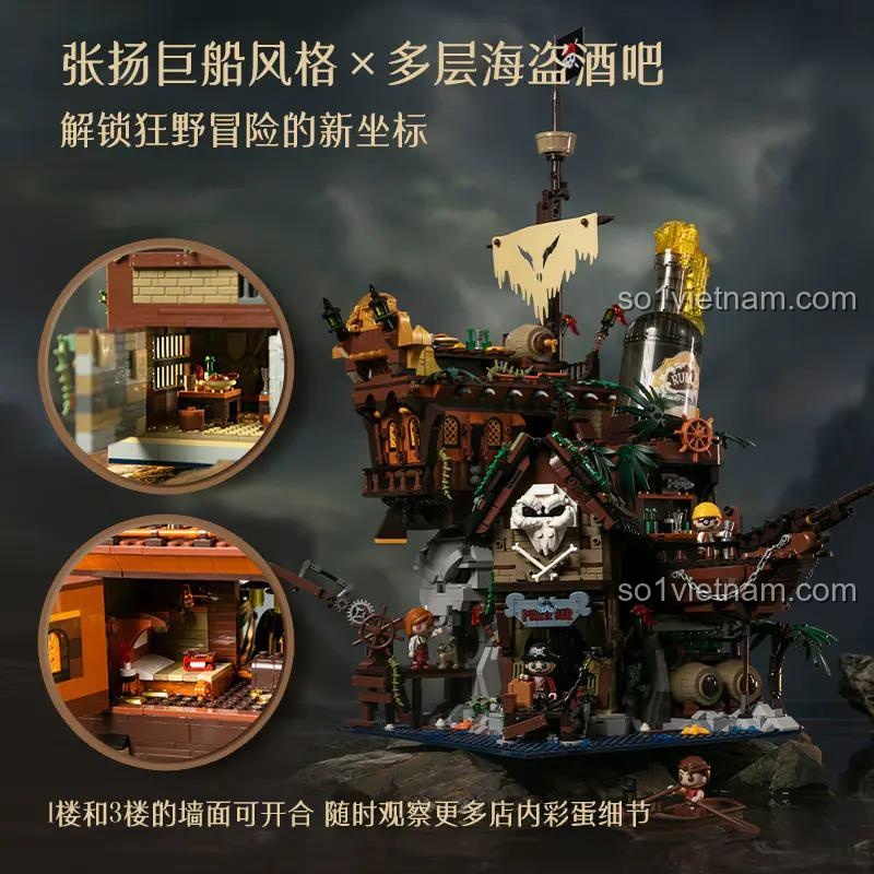 Thiết kế mở của bộ lắp ghép Quán Rượu Hải Tặc Pantasy 85022, đồ chơi mô hình Quán Bar Cướp Biển với các tầng có thể quan sát chi tiết bên trong
