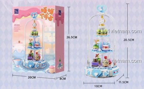 Hộp và kích thước bộ lắp ghép Pantasy 85101 Trà Chiều Xứ Sở Thần Tiên, hộp dài 20cm, rộng 8cm, cao 26.5cm; mô hình dài 10cm, rộng 11.5cm, cao 20.5cm, giá tốt