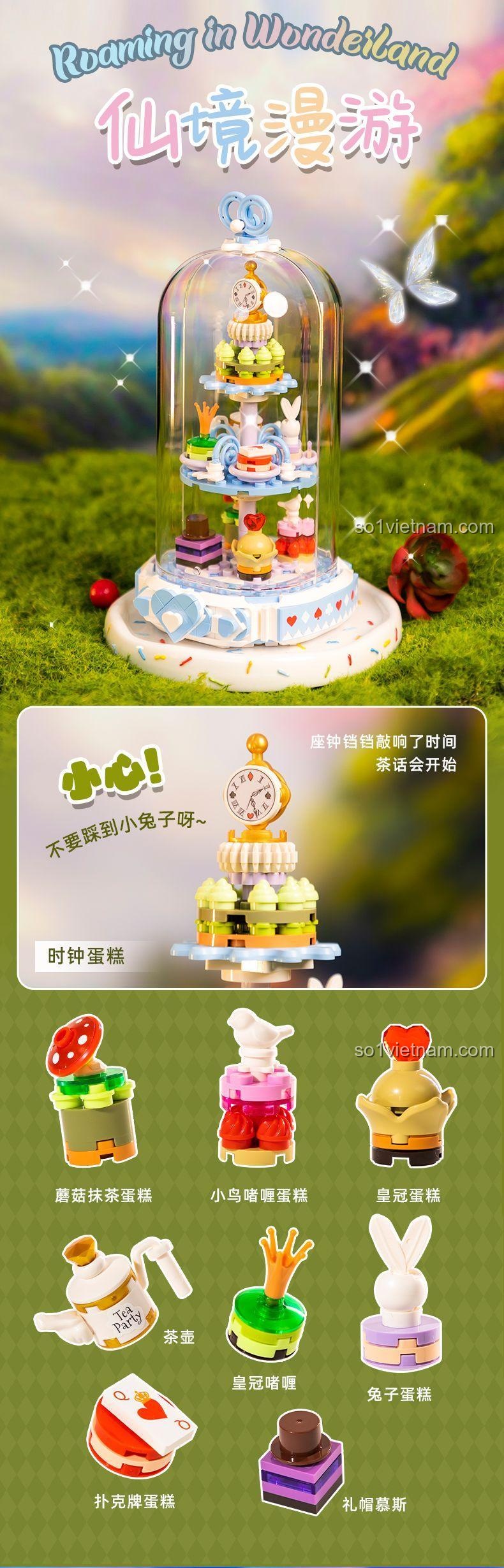 Chi tiết các món đồ trong bộ lắp ghép Pantasy 85101 Trà Chiều Xứ Sở Thần Tiên, bao gồm các loại bánh, thỏ, đồng hồ, ấm trà, giá tốt