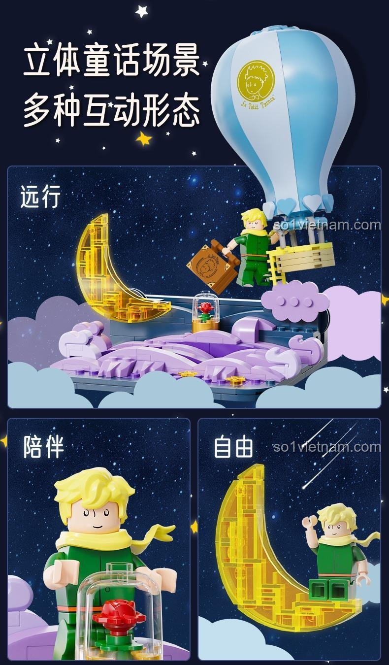 Các cách trưng bày khác nhau của bộ lắp ghép Le Petit Prince, thể hiện sự tự do và đồng hành.