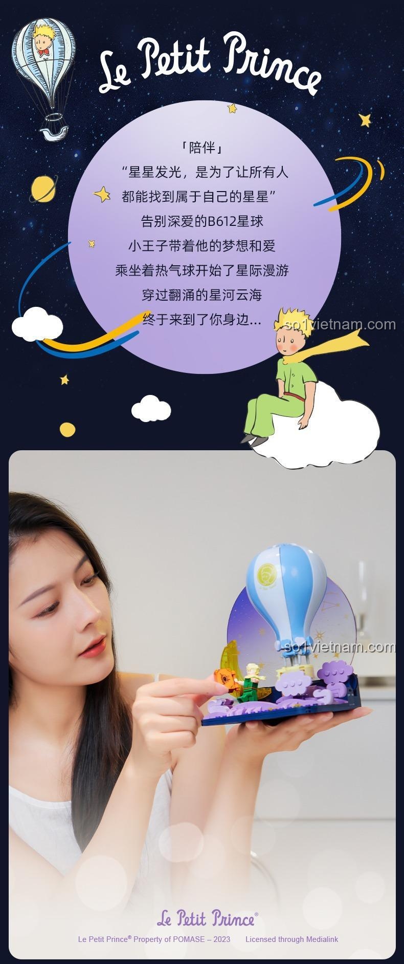 Trích dẫn từ truyện Hoàng Tử Bé trên ảnh quảng cáo bộ lắp ráp Khinh khí cầu của Hoàng Tử Bé 86308.