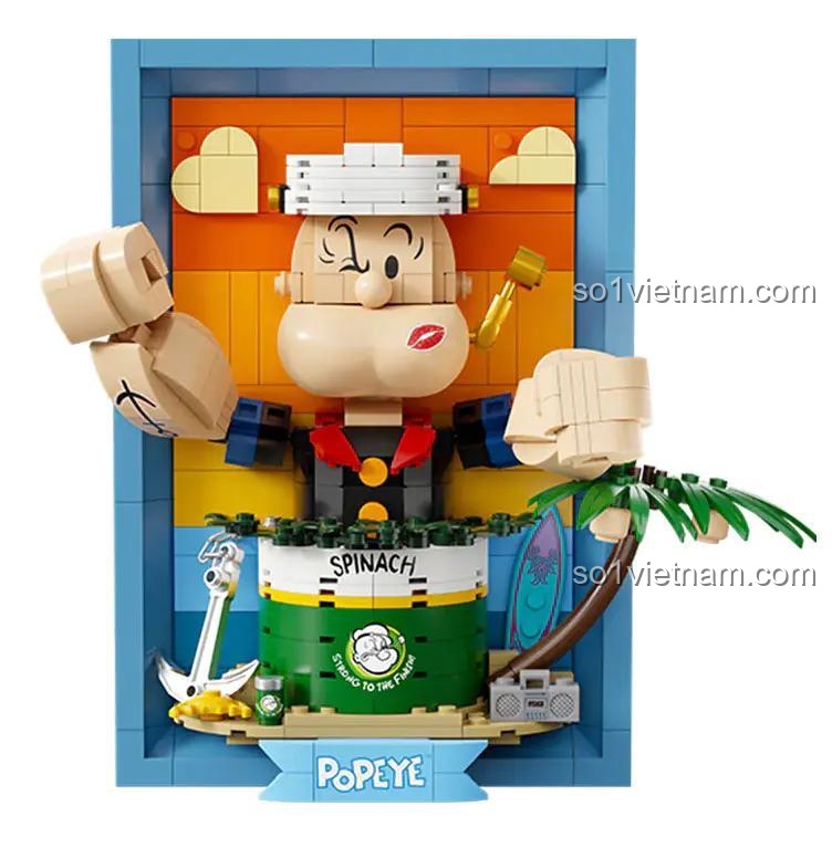 Ảnh chụp chính diện, cận cảnh bộ lắp ghép Thủy thủ Popeye, làm nổi bật các chi tiết và màu sắc sống động.