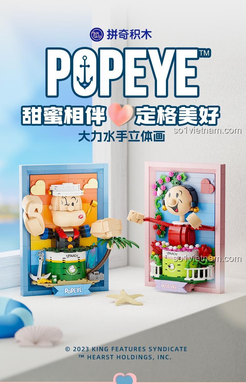 Poster quảng cáo bộ lắp ghép Pantasy, gồm cả tranh Popeye 86403 và tranh Olive Oyl, tái hiện khoảnh khắc ngọt ngào.