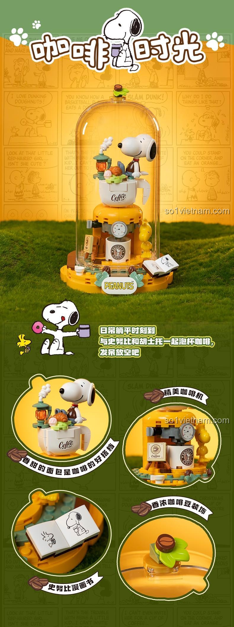 Snoopy và Woodstock trong bộ lắp ghép Snoopy Coffee Time Pantasy 86903, đồ chơi sáng tạo cho bé 6 tuổi
