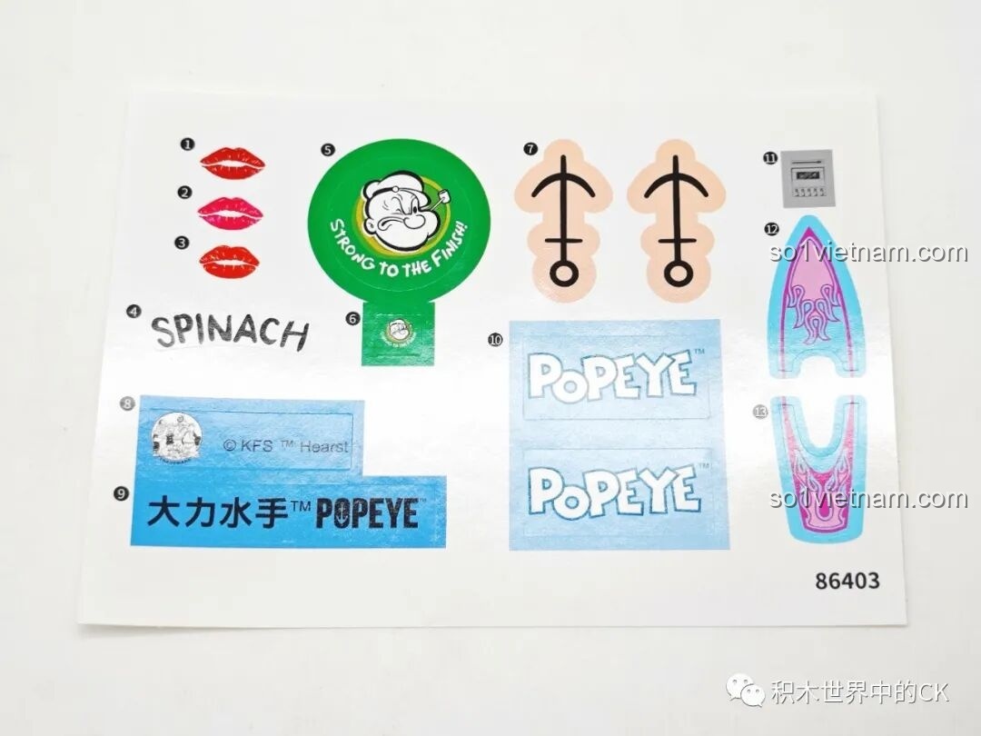 Tờ sticker với các chi tiết nhỏ như logo Spinach, hình xăm mỏ neo và đôi môi cho Tranh Lắp Ráp 3D Popeye.