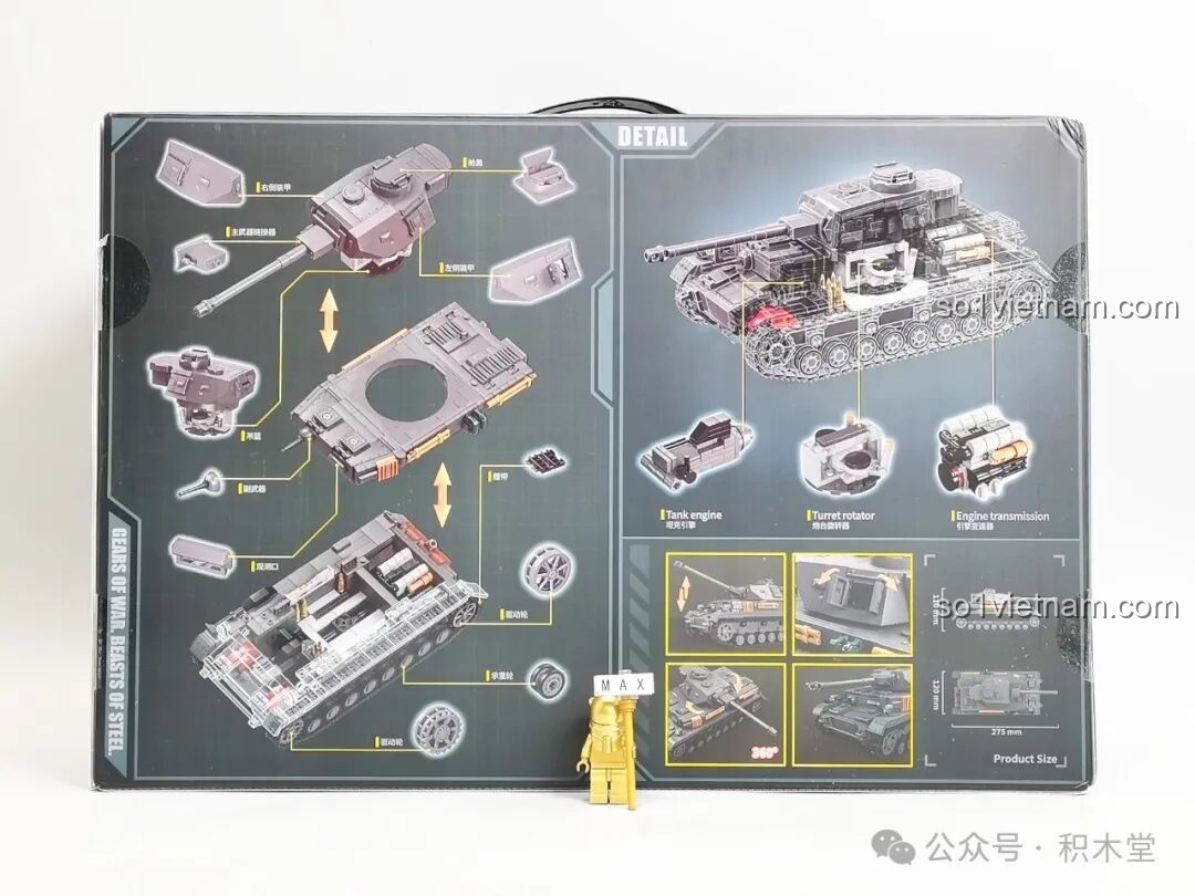 Mặt sau hộp đựng bộ lắp ráp xe tăng Panzer IV F2 12GO, hiển thị chi tiết cấu trúc và kích thước