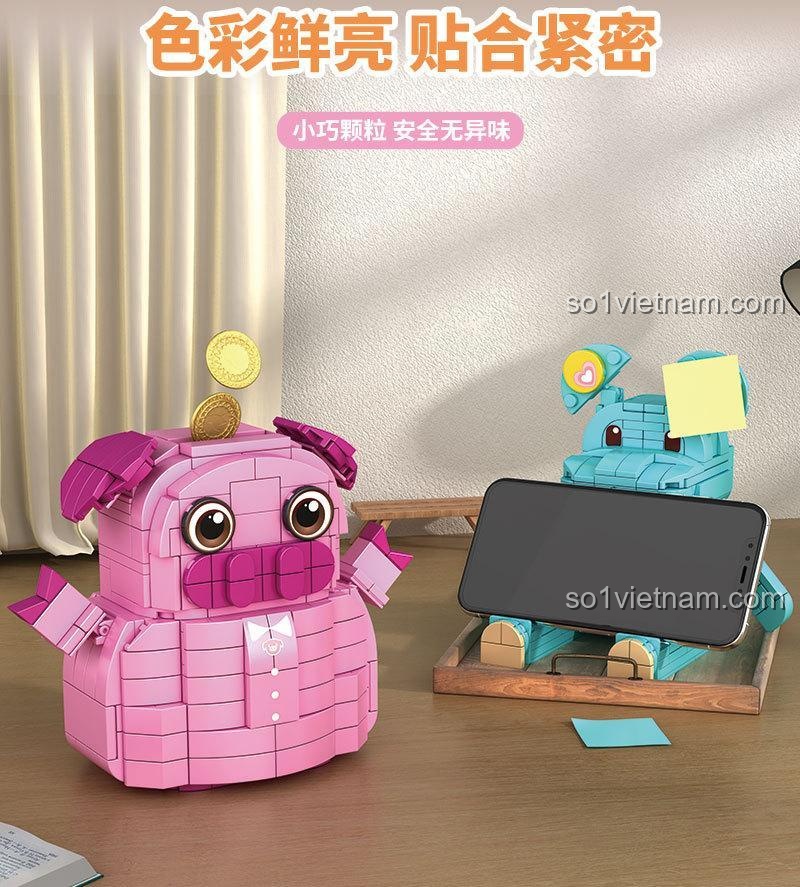Chất lượng mảnh ghép của bộ đồ chơi mô hình Ống heo tiết kiệm Heo Hồng, màu sắc tươi sáng, khớp nối chặt.