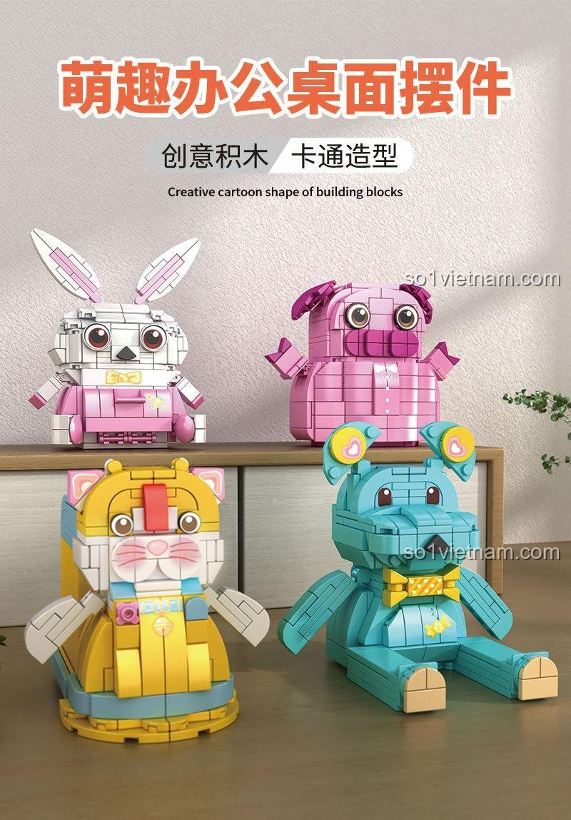 Tổng thể 4 mẫu đồ chơi mô hình PEIZ 0830: ống bút mèo, hộp thỏ, giá đỡ gấu, heo tiết kiệm. Đồ chơi thông minh cho bé.