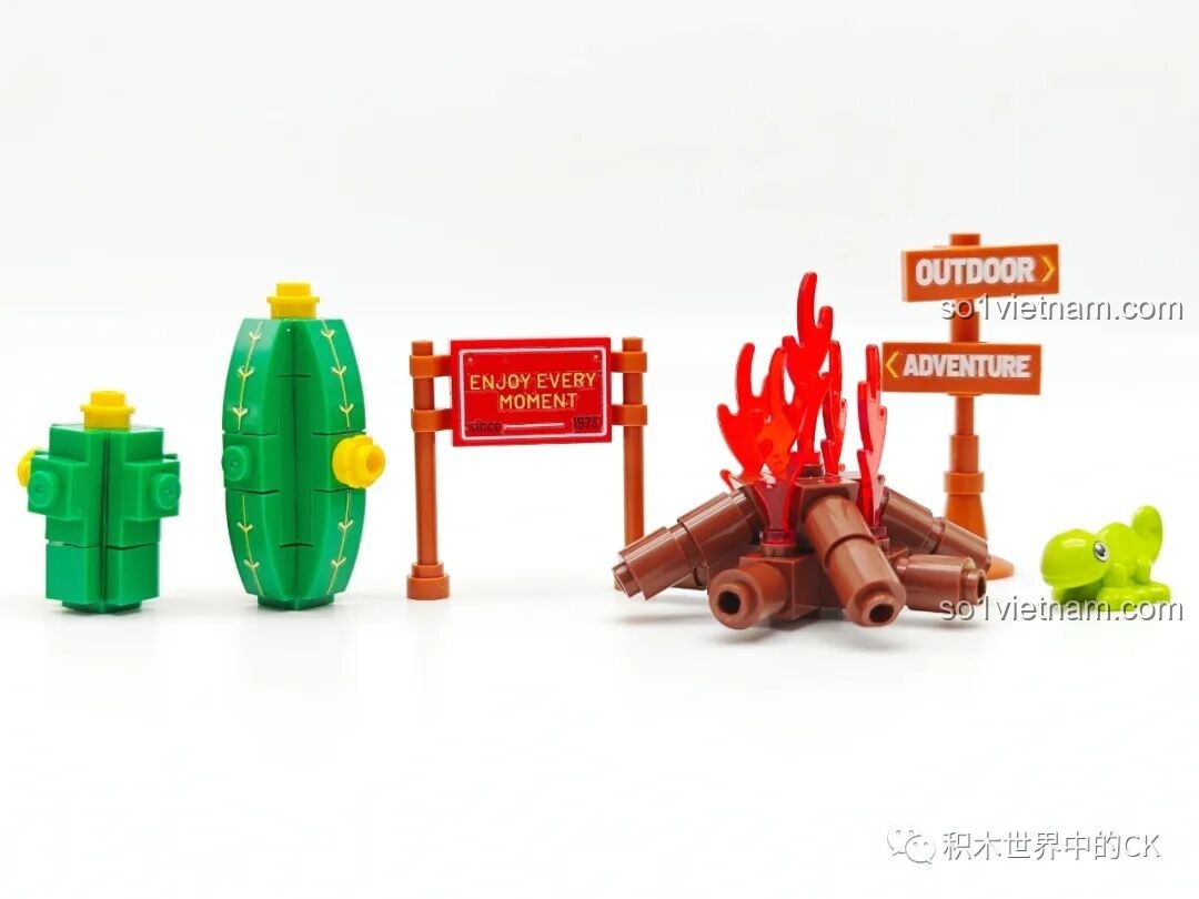 Các phụ kiện dã ngoại trong bộ Sembo 714509, bao gồm đống lửa, xương rồng, biển báo và một con tắc kè.