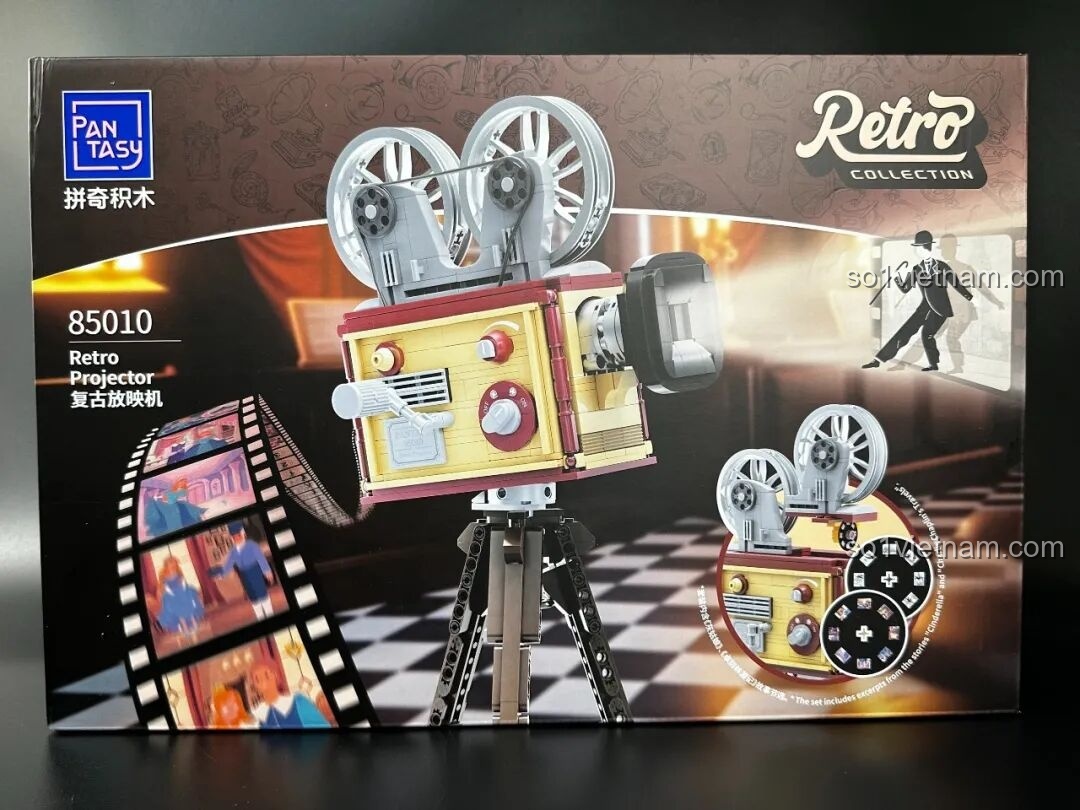 Các phụ kiện đi kèm bộ lắp ráp Pantasy Máy Chiếu Phim Cổ Điển Retro 85010, bao gồm thẻ lenticular và dây cao su, tăng tính tương tác cho mô hình.