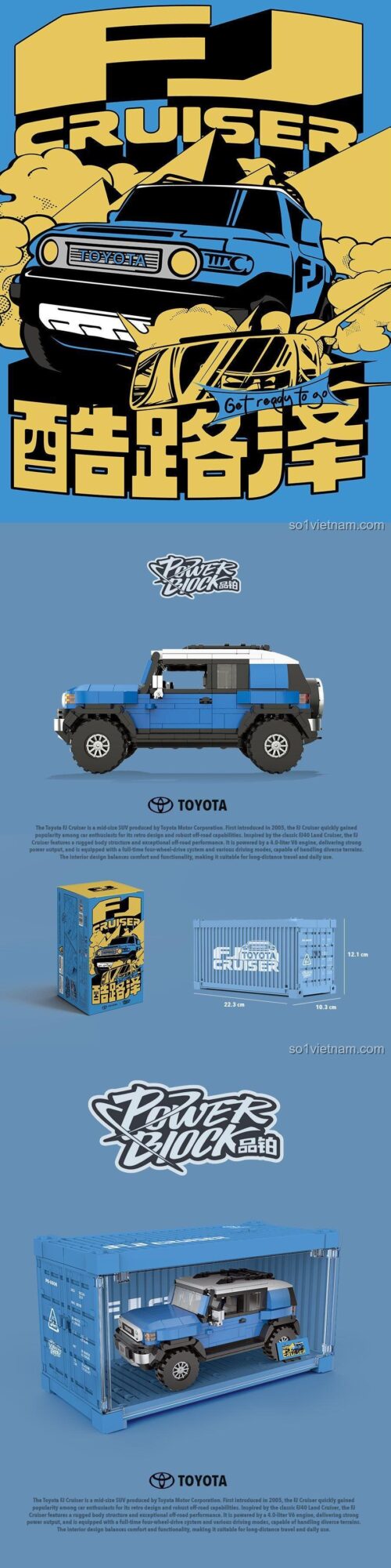 Hộp bộ xếp hình Pinbo PB8806 Xe Off-road FJ40, hiển thị kích thước mô hình và hộp, phù hợp bé trai 8 tuổi đam mê off-road