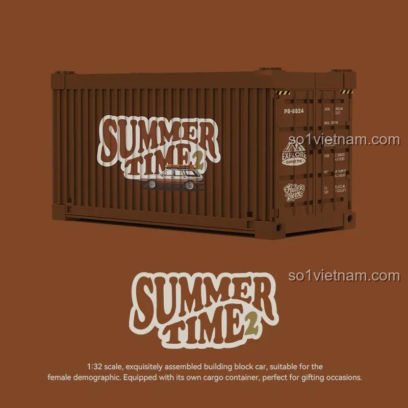 Thiết kế chi tiết của hộp trưng bày container đi kèm bộ lắp ghép Pinbo 8824, với các họa tiết và logo 'SUMMER TIME 2' độc đáo.