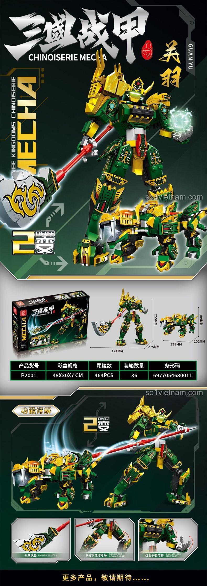 Hộp sản phẩm Pindad P2001 Chinoiserie Mecha Quan Vũ, thông số kỹ thuật: 464 mảnh, 2 dạng lắp ráp, kích thước hộp 48x30x7 cm, phù hợp cho bé 6 tuổi