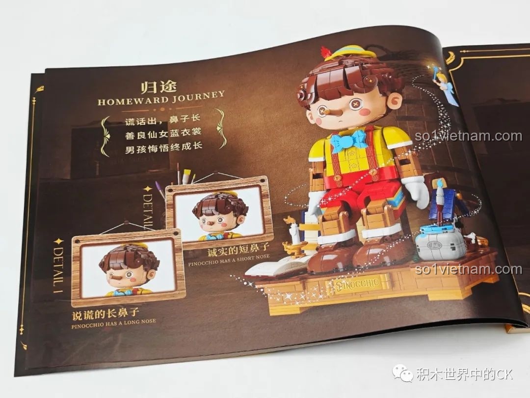 Hình ảnh Pinocchio với mũi dài và mũi ngắn trong sách hướng dẫn, minh họa khả năng thay đổi mũi của mô hình.