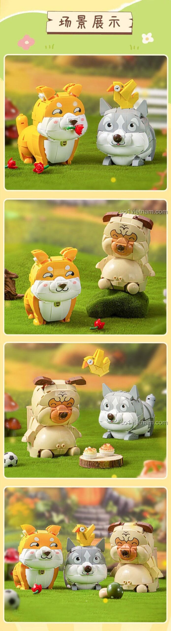Bộ lắp ghép Pleyerid M38-P8058 Chó Shiba, Husky, Pug với bánh kem, đồ chơi mô hình cho bé 12 tuổi