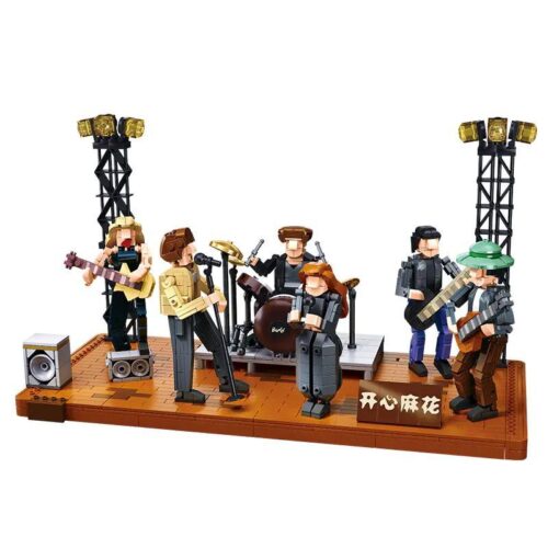 Ảnh chụp toàn cảnh bộ lắp ghép Ban nhạc Rock Burn Pleyerid M38-P8019 với 6 thành viên trên sân khấu, phù hợp cho con trai 14 tuổi.