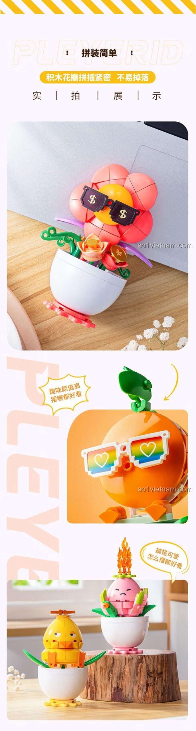 Các mẫu lắp ráp của bộ đồ chơi Pleyerid M38-P8029 Chậu Cây Yêu Tinh Ngộ Nghĩnh 2.0 trên gỗ