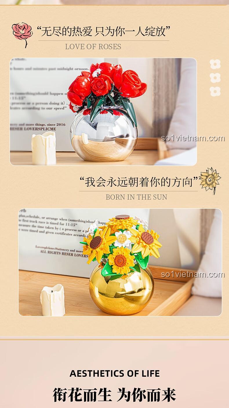 Bó hoa hồng lắp ghép Pleyerid M38-P8061 với chậu hoa mạ bạc, quà tặng hoa, hoa hồng vĩnh cửu, đồ chơi mô hình hoa hồng, màu đỏ, trắng, bạc, độ tuổi 12+
