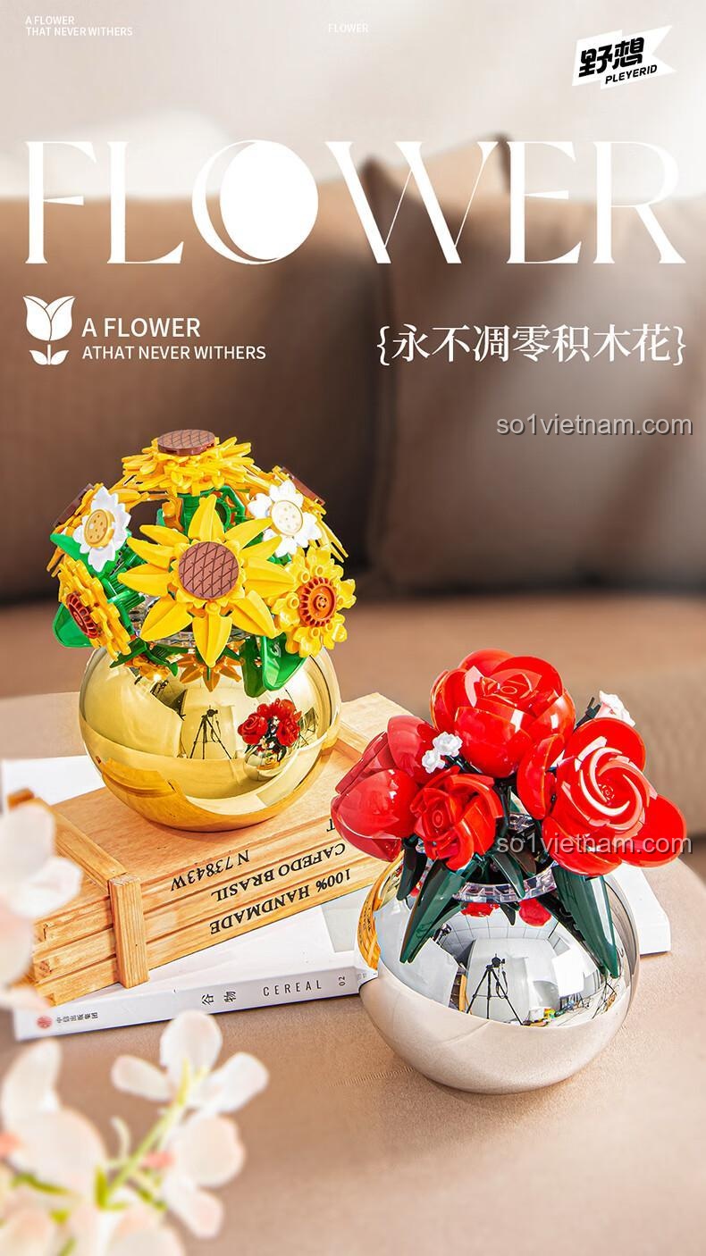 Bó hoa hồng lắp ghép Pleyerid M38-P8061 và bó hoa hướng dương, quà tặng hoa, hoa vĩnh cửu, đồ chơi mô hình hoa, màu đỏ, vàng, bạc, độ tuổi 12+