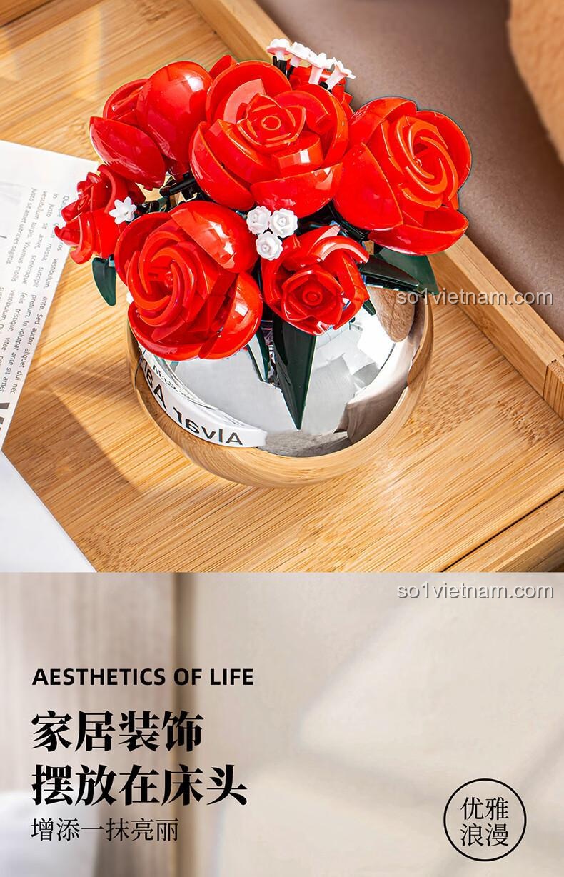 Bó hoa hồng lắp ghép Pleyerid M38-P8061 và bó hoa hướng dương trên bàn, quà tặng hoa, hoa vĩnh cửu, đồ chơi mô hình hoa, màu đỏ, vàng, bạc, vàng kim, độ tuổi 12+
