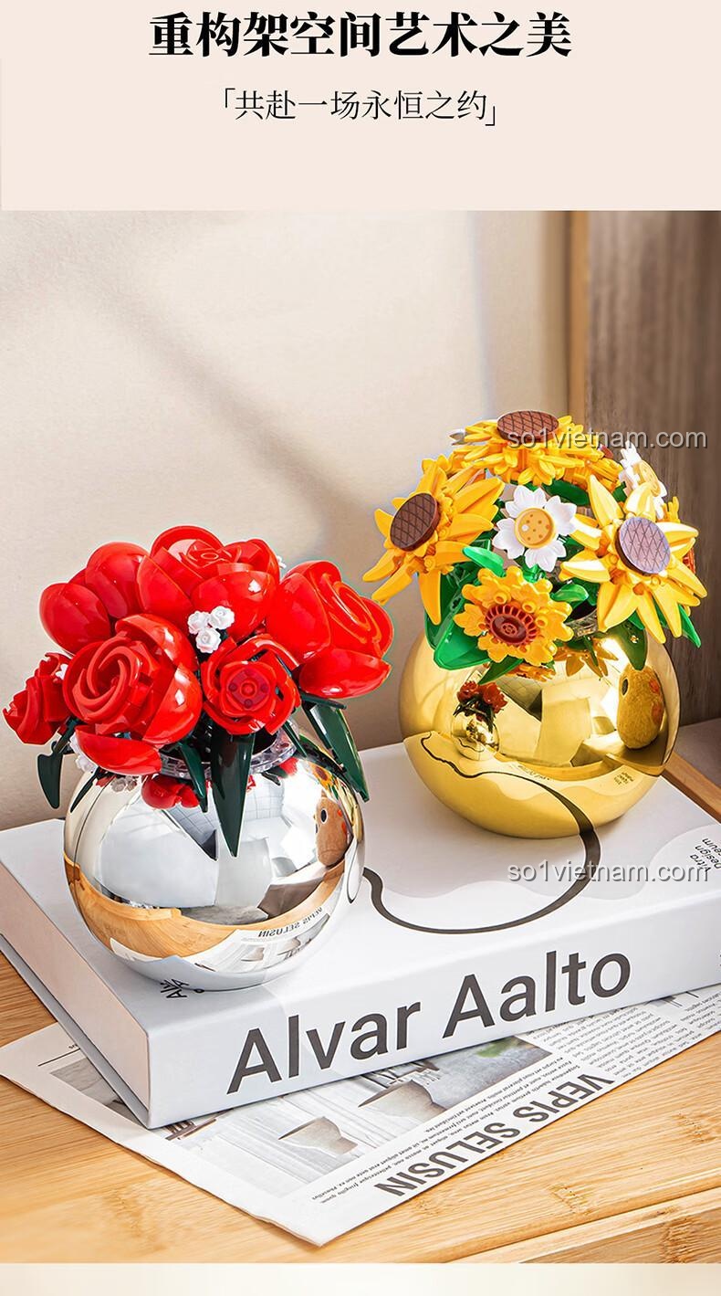 Chậu hoa mạ bạc cho bó hoa hồng lắp ghép Pleyerid M38-P8061, quà tặng hoa, hoa hồng vĩnh cửu, đồ chơi mô hình hoa hồng, màu bạc, độ tuổi 12+
