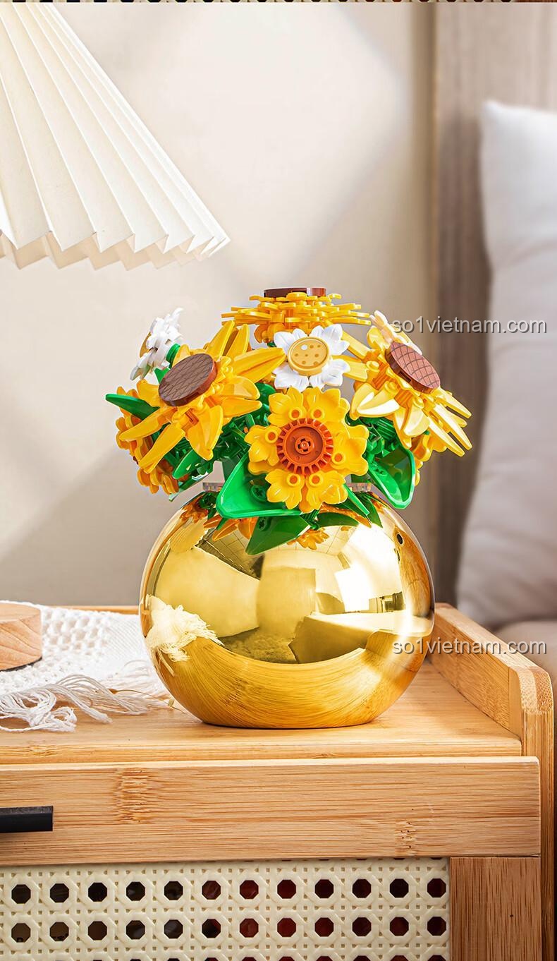 Chậu hoa mạ vàng cho bó hoa hướng dương lắp ghép Pleyerid M38-P8061, quà tặng hoa, hoa vĩnh cửu, đồ chơi mô hình hoa, màu vàng, độ tuổi 12+