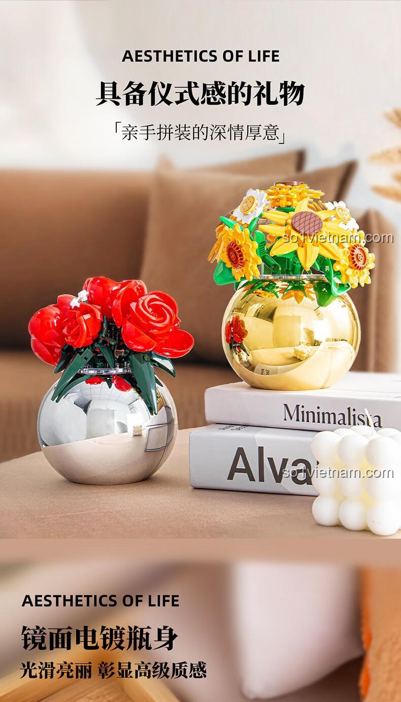 Bó hoa hướng dương lắp ghép Pleyerid M38-P8061 đặt trong phòng ngủ, quà tặng hoa, hoa vĩnh cửu, đồ chơi mô hình hoa, màu vàng, trắng, vàng kim, độ tuổi 12+