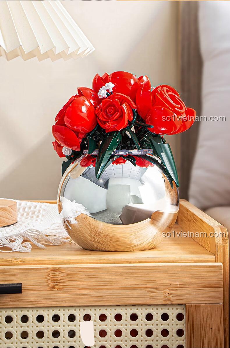 Kích thước hộp sản phẩm Bó hoa hồng lắp ghép Pleyerid M38-P8061, quà tặng hoa, hoa hồng vĩnh cửu, đồ chơi mô hình hoa hồng, màu đỏ, trắng, bạc, độ tuổi 12+