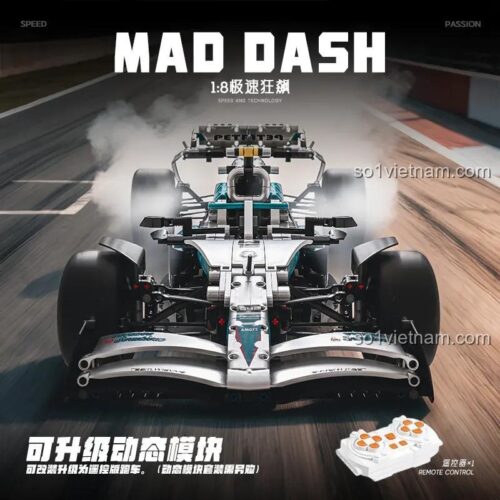 Mô hình Mercedes F1 W15 POPK MK6021 nhìn từ phía trước, nổi bật với khả năng nâng cấp điều khiển từ xa, giá tốt.