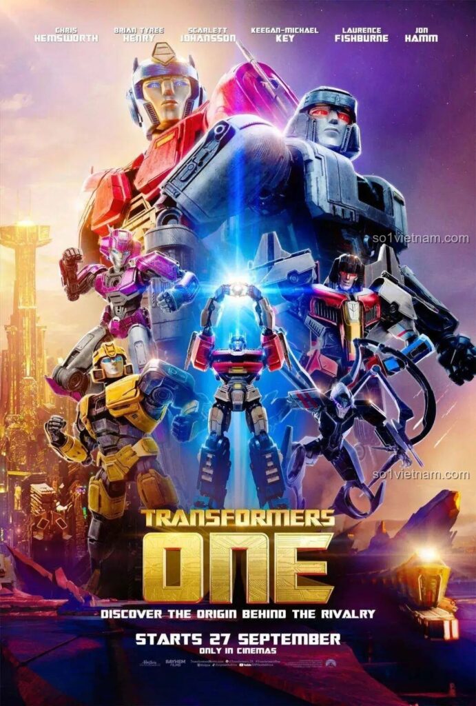 Poster chính thức của phim hoạt hình Transformers ONE ra mắt năm 2024, giới thiệu các nhân vật chính.