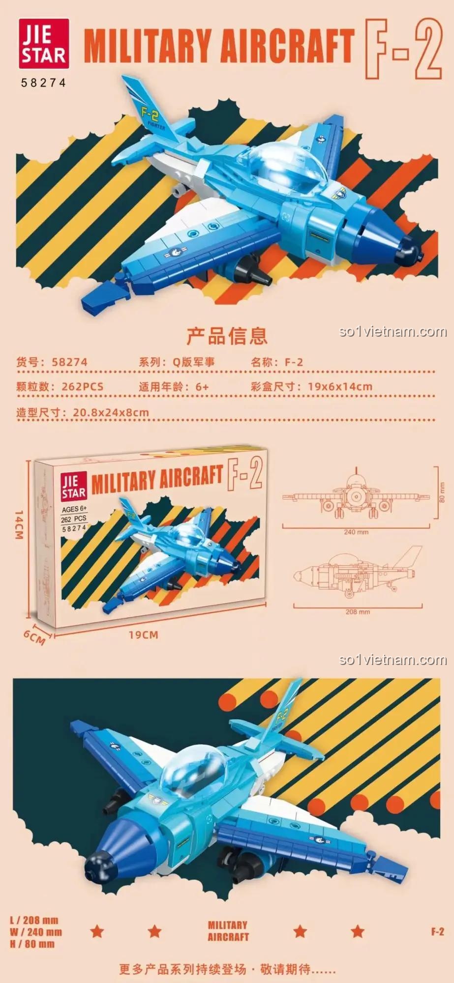 Poster quảng cáo bộ đồ chơi Chiến đấu cơ F-2 JIESTAR 58274, nêu bật các thông số kỹ thuật như 262 mảnh, kích thước mô hình và hộp, phù hợp cho trẻ từ 6 tuổi.