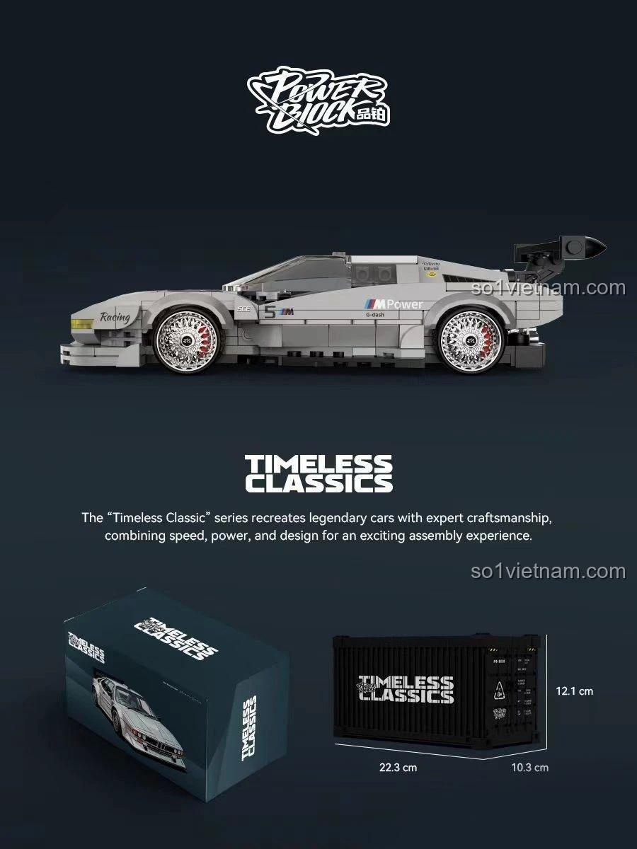Bộ xếp hình PB8819 BMW M1, hiển thị kích thước hộp 22.3x10.3x12.1cm, chất lượng cao, đáng tiền cho con trai 12 tuổi.