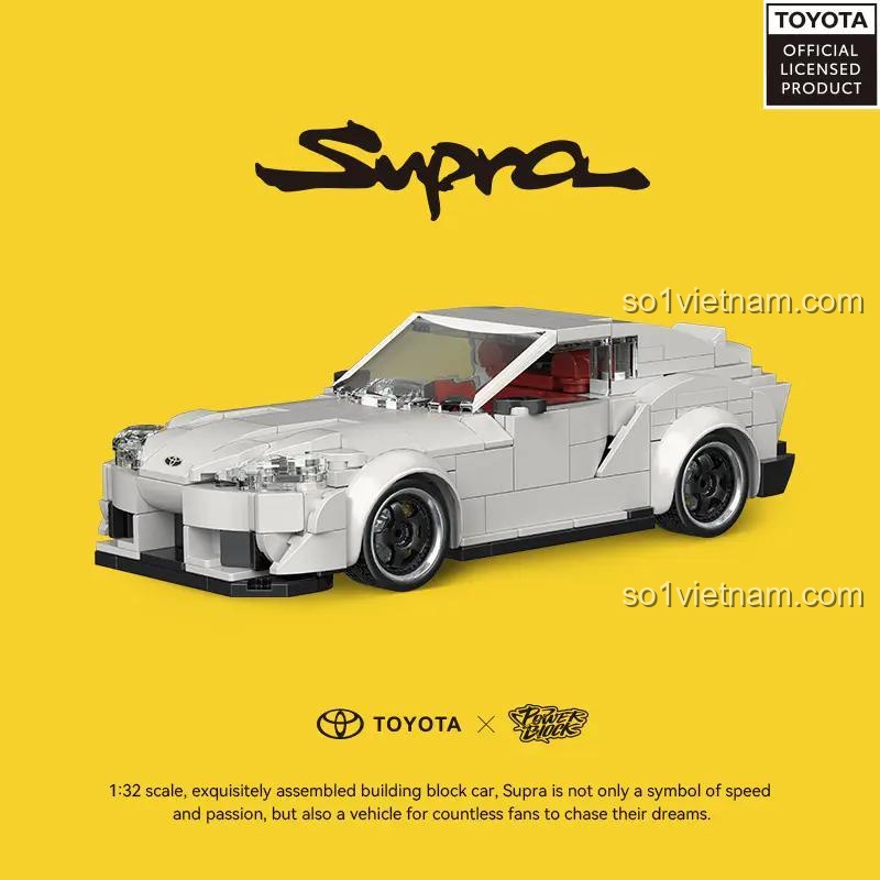 Hộp container trưng bày mở ra, bên trong là mô hình xe Toyota Supra màu trắng lắp ráp tỉ lệ 1:32, Power Block PB8808
