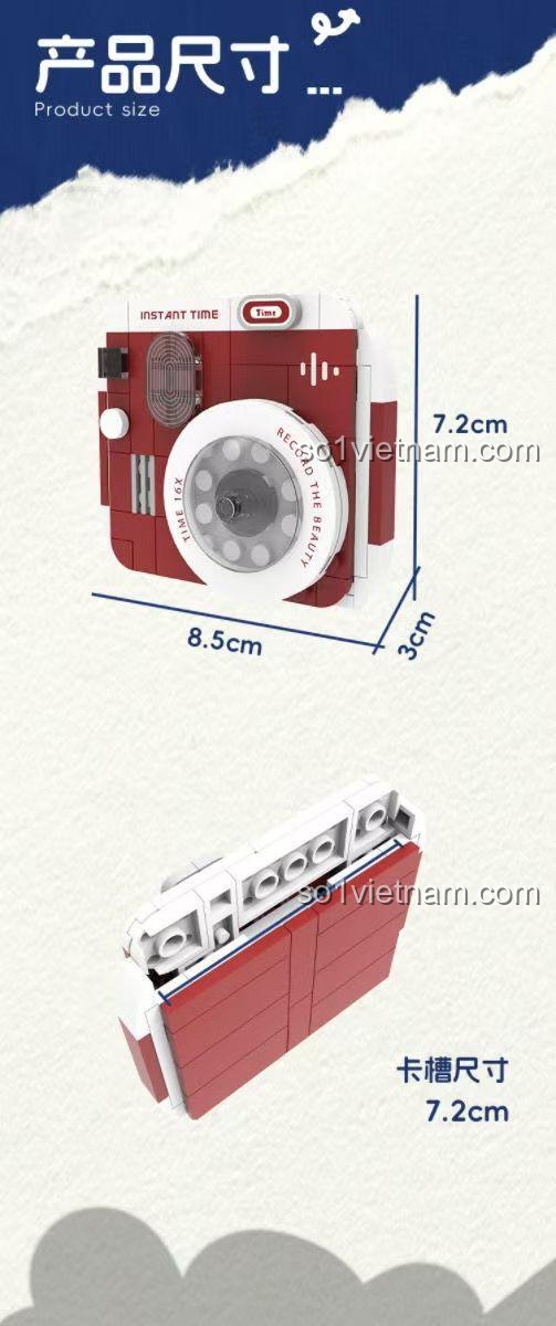 Ảnh thể hiện kích thước mô hình máy ảnh lấy liền Qiaoao QA-001, đồ chơi xây dựng 001, phù hợp cho thanh niên 14 tuổi.