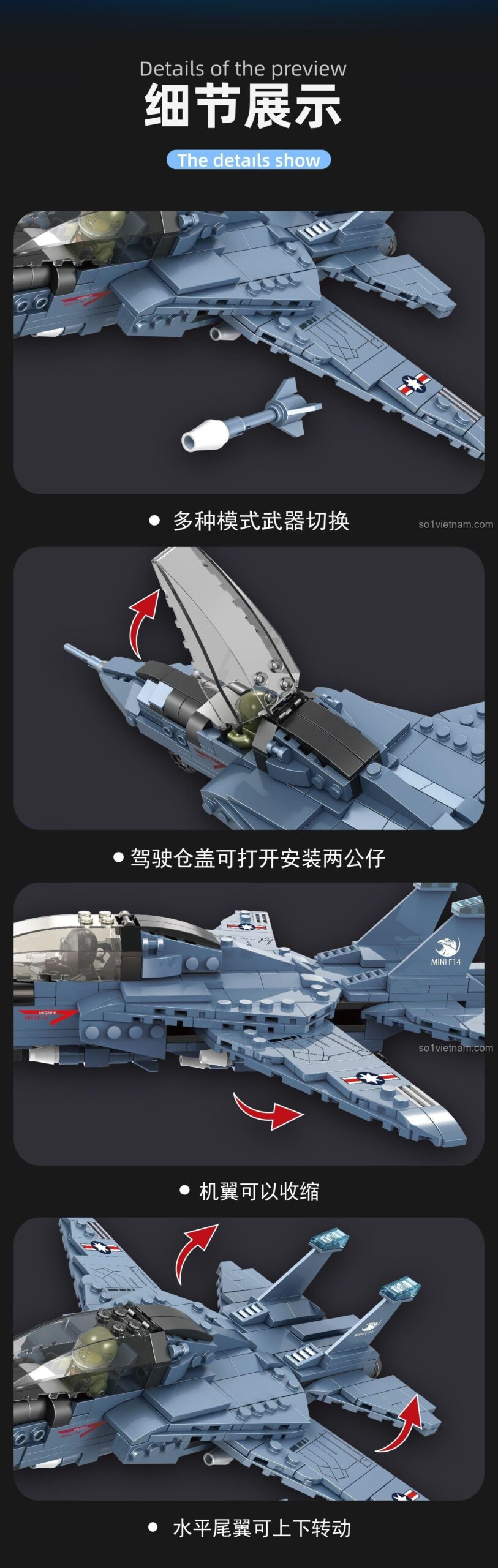 Đồ chơi mô hình Qiaole Tong 1516, bộ lắp ghép 1516 F-14 Tomcat kèm 2 minifigure phi công, tính năng bắn đạn nhựa