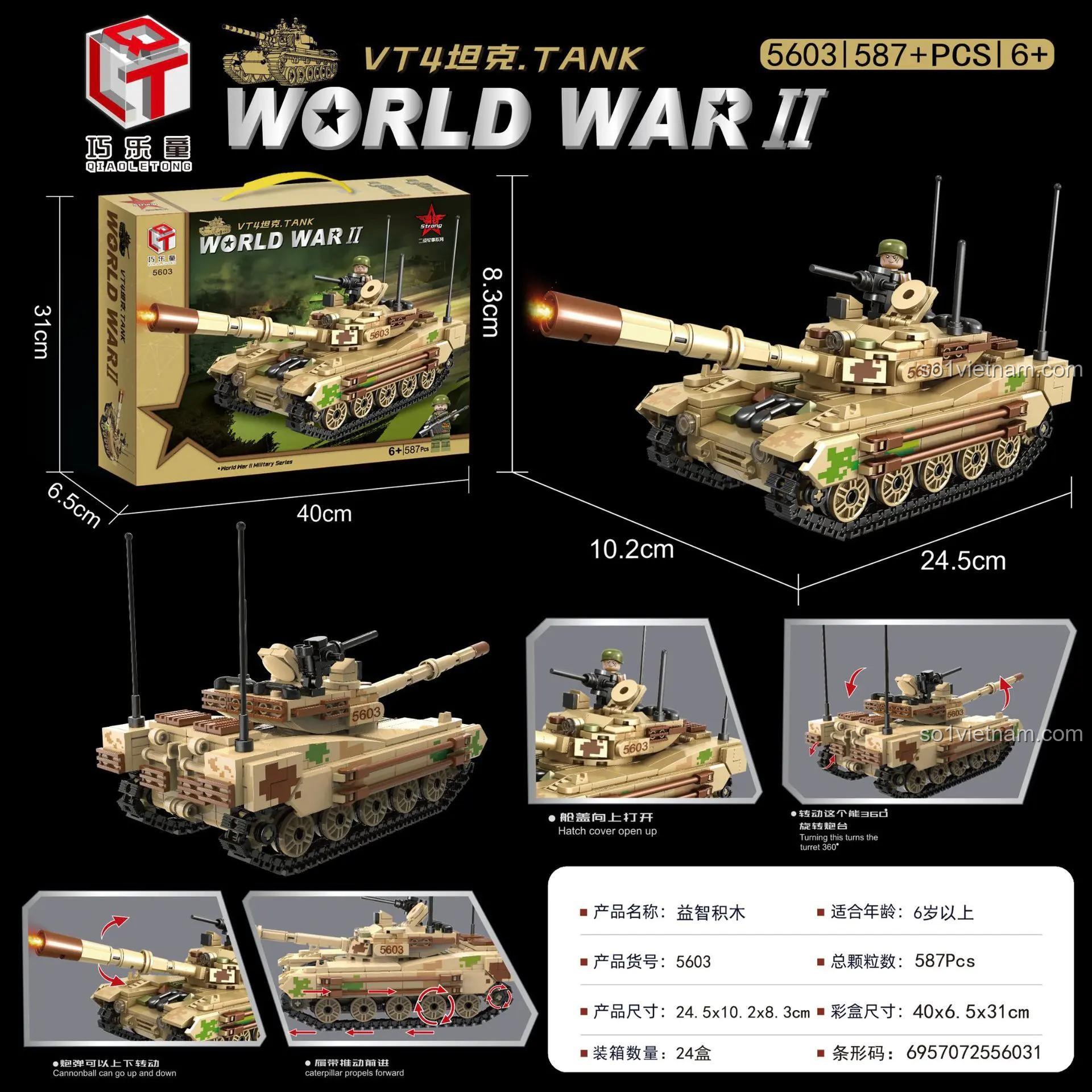 Mô hình xe tăng VT4 Thế chiến II Qiaoletong 5603 và hộp sản phẩm