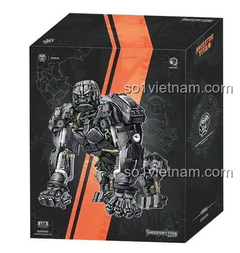 Hình ảnh hộp của bộ lắp ráp Qidi QD66005, cho thấy mô hình Robot Gorilla Ancestor Titan và logo LED nổi bật.